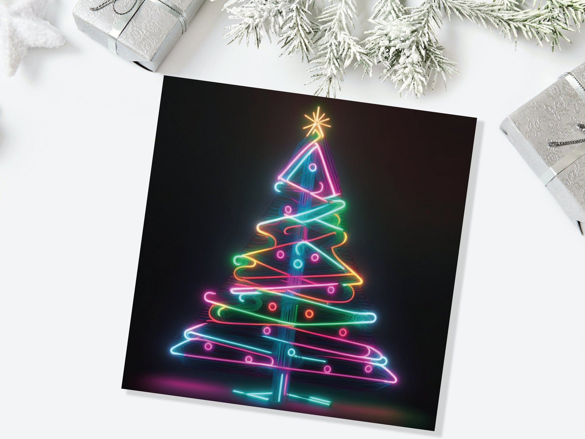 Neon Christmas Tree Card Glowing Lights Tube Lighting Y2K Bright Colours Colourful Rainbow Unique Modern Cards For Family Friends Xmas 2023