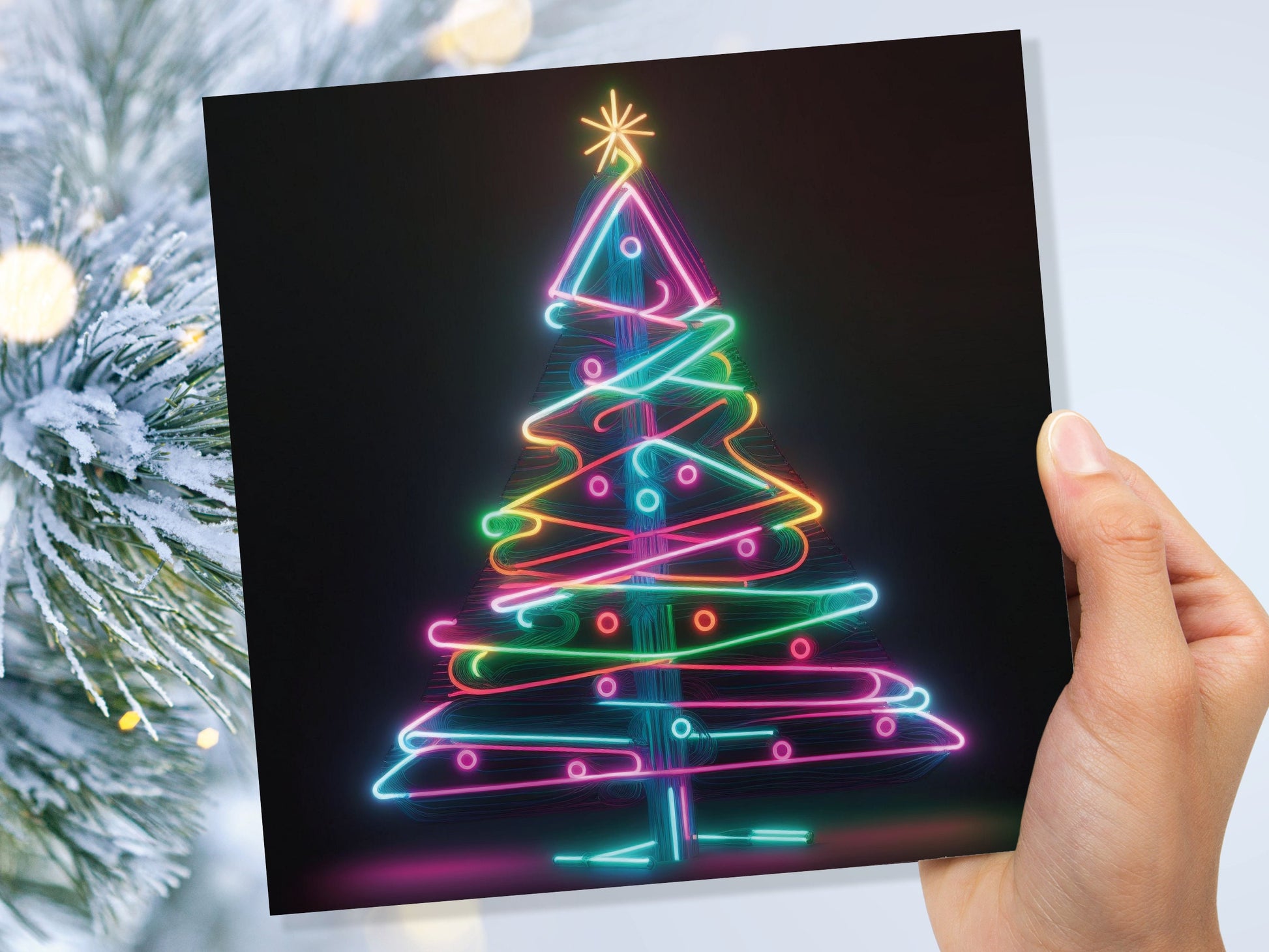 Neon Christmas Tree Card Glowing Lights Tube Lighting Y2K Bright Colours Colourful Rainbow Unique Modern Cards For Family Friends Xmas 2023