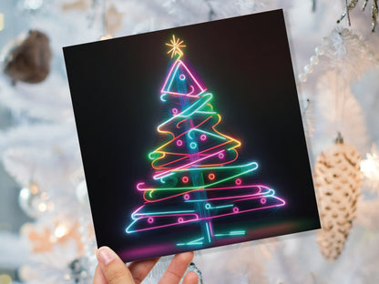 Neon Christmas Tree Card Glowing Lights Tube Lighting Y2K Bright Colours Colourful Rainbow Unique Modern Cards For Family Friends Xmas 2023