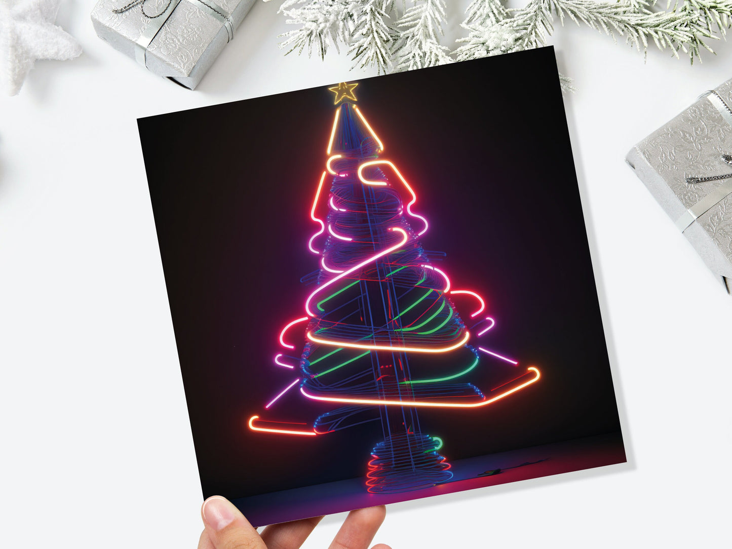 Neon Christmas Card Tree 80s Glowing Lights Tube Lighting Y2K Bright Colours Colourful Unusual Fun Modern Cards For Family Friends Xmas 2023