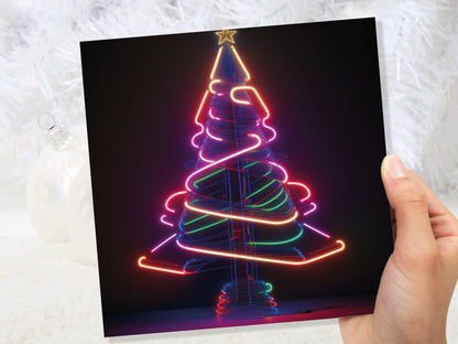 Neon Christmas Card Tree 80s Glowing Lights Tube Lighting Y2K Bright Colours Colourful Unusual Fun Modern Cards For Family Friends Xmas 2023