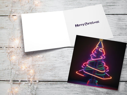 Neon Christmas Card Tree 80s Glowing Lights Tube Lighting Y2K Bright Colours Colourful Unusual Fun Modern Cards For Family Friends Xmas 2023