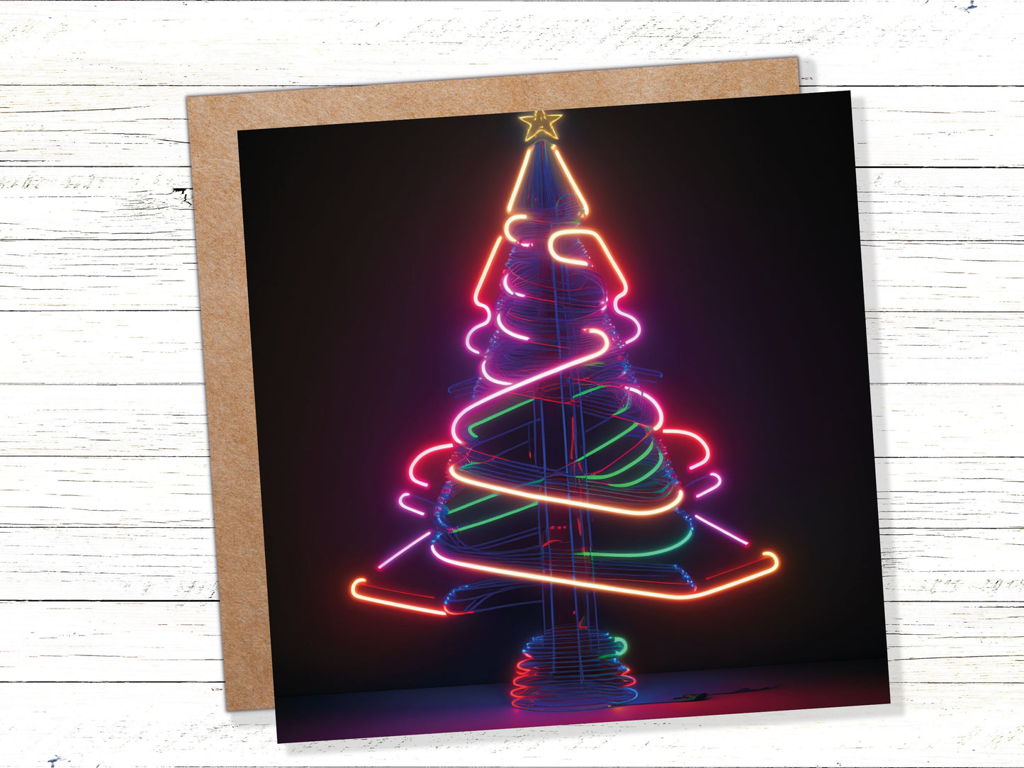 Neon Christmas Card Tree 80s Glowing Lights Tube Lighting Y2K Bright Colours Colourful Unusual Fun Modern Cards For Family Friends Xmas 2023