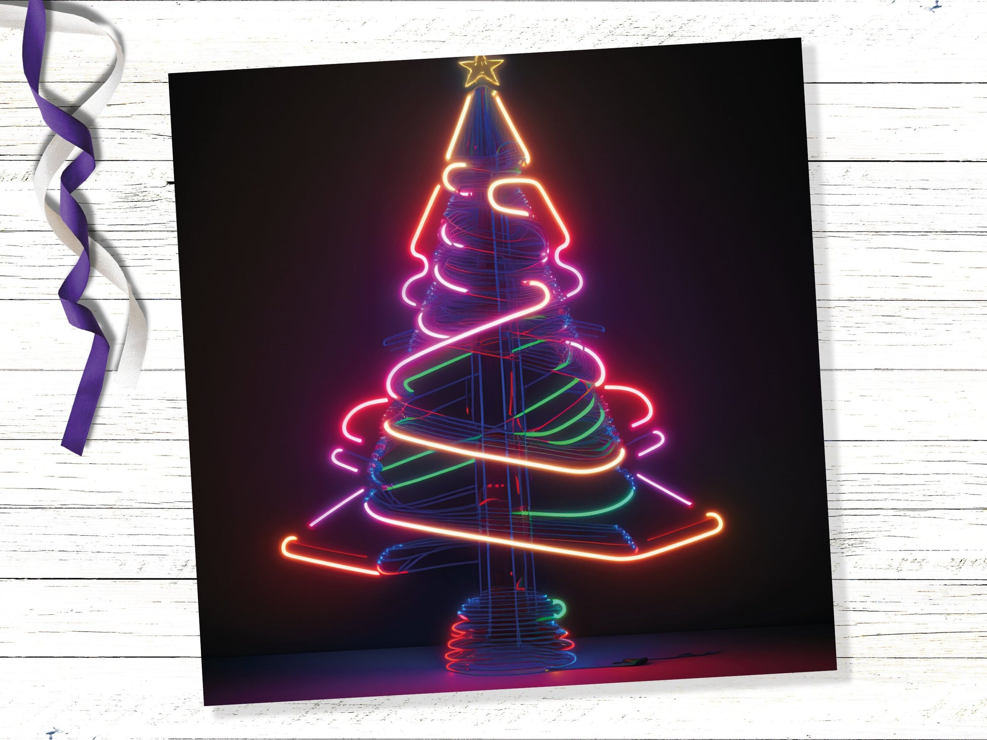 Neon Christmas Card Tree 80s Glowing Lights Tube Lighting Y2K Bright Colours Colourful Unusual Fun Modern Cards For Family Friends Xmas 2023