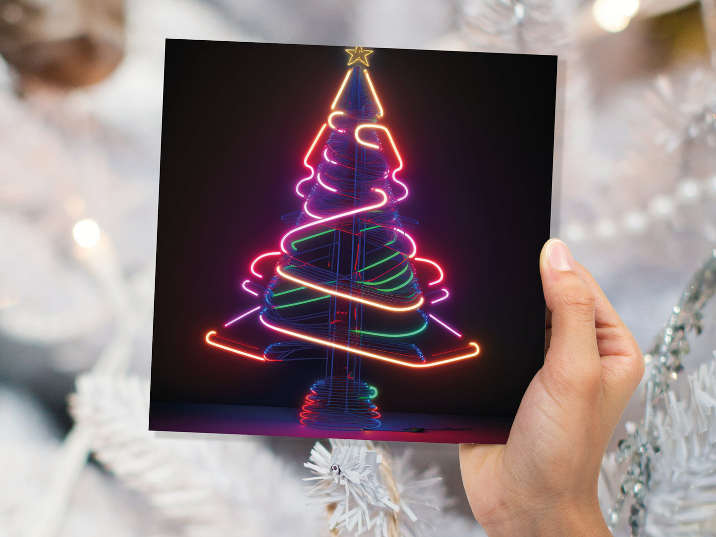 Neon Christmas Card Tree 80s Glowing Lights Tube Lighting Y2K Bright Colours Colourful Unusual Fun Modern Cards For Family Friends Xmas 2023