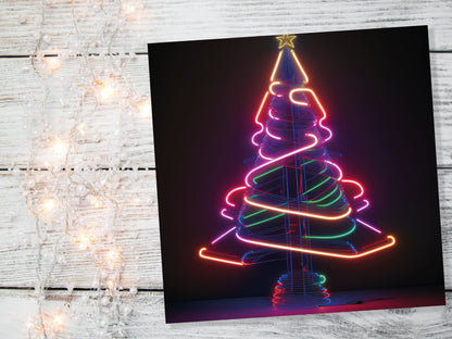 Neon Christmas Card Tree 80s Glowing Lights Tube Lighting Y2K Bright Colours Colourful Unusual Fun Modern Cards For Family Friends Xmas 2023