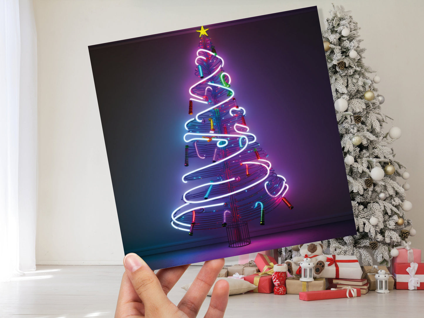 Neon Christmas Card Tree 80s Glowing Lights Tube Lighting Y2K Bright Colours Colourful Pink Purple Modern Cards For Family Friends Xmas 2023