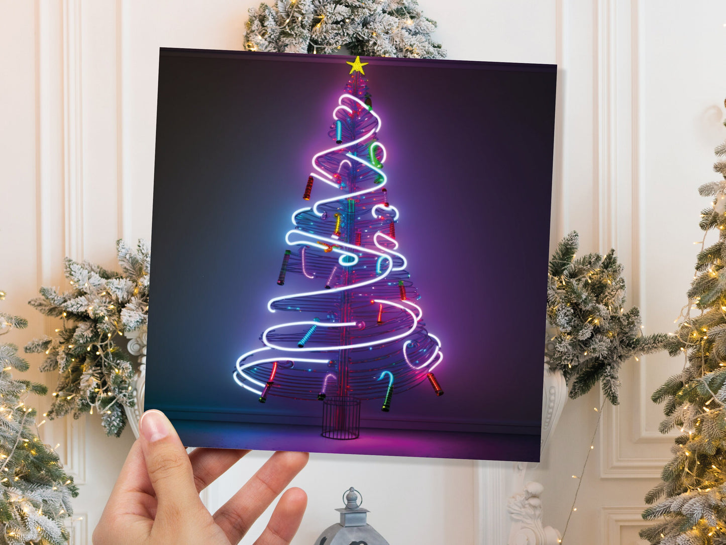 Neon Christmas Card Tree 80s Glowing Lights Tube Lighting Y2K Bright Colours Colourful Pink Purple Modern Cards For Family Friends Xmas 2023