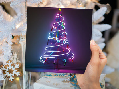 Neon Christmas Card Tree 80s Glowing Lights Tube Lighting Y2K Bright Colours Colourful Pink Purple Modern Cards For Family Friends Xmas 2023