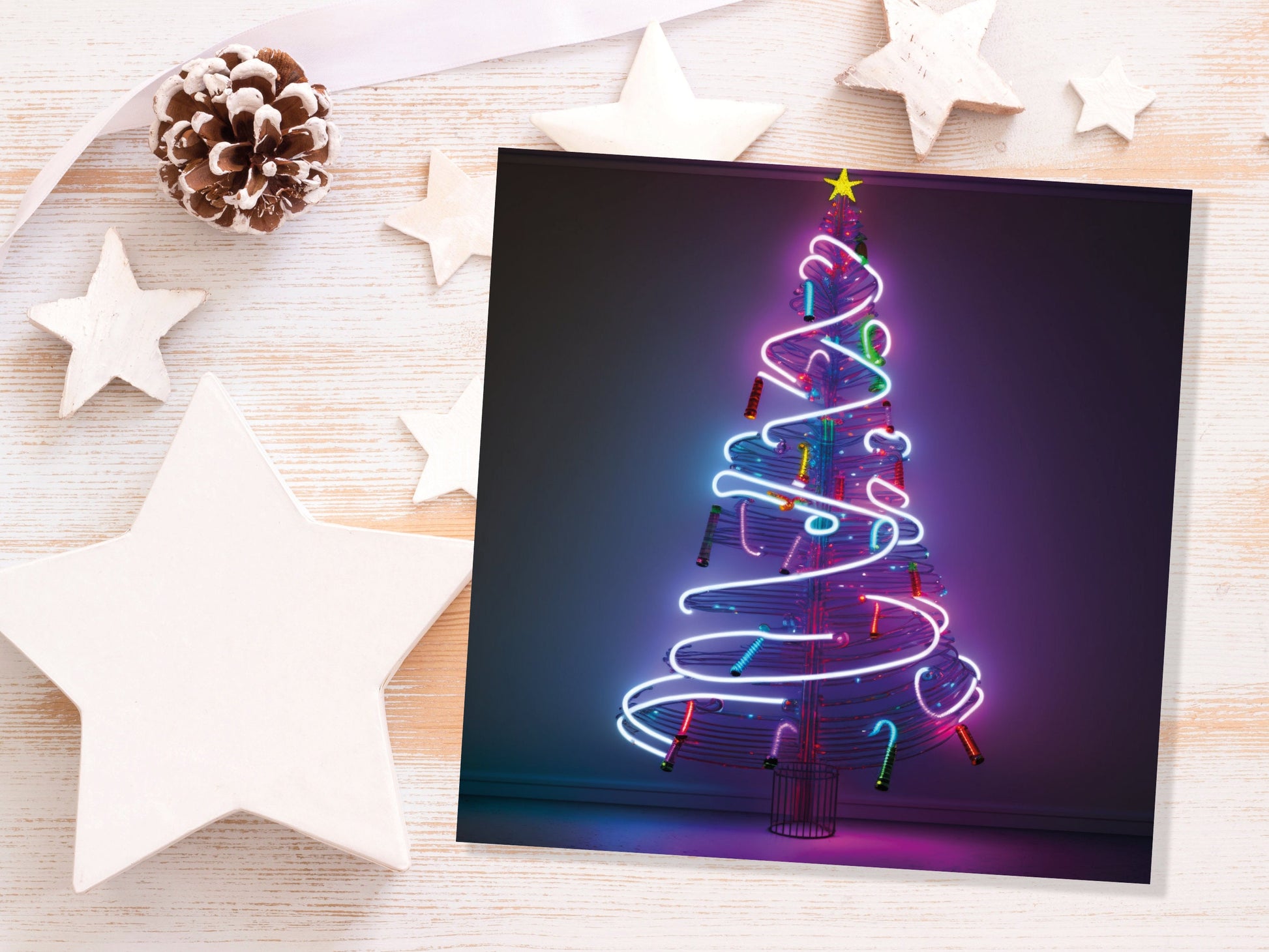 Neon Christmas Card Tree 80s Glowing Lights Tube Lighting Y2K Bright Colours Colourful Pink Purple Modern Cards For Family Friends Xmas 2023