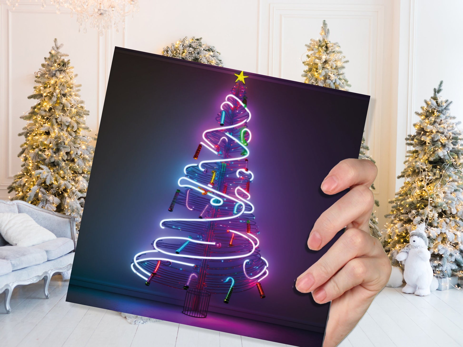 Neon Christmas Card Tree 80s Glowing Lights Tube Lighting Y2K Bright Colours Colourful Pink Purple Modern Cards For Family Friends Xmas 2023