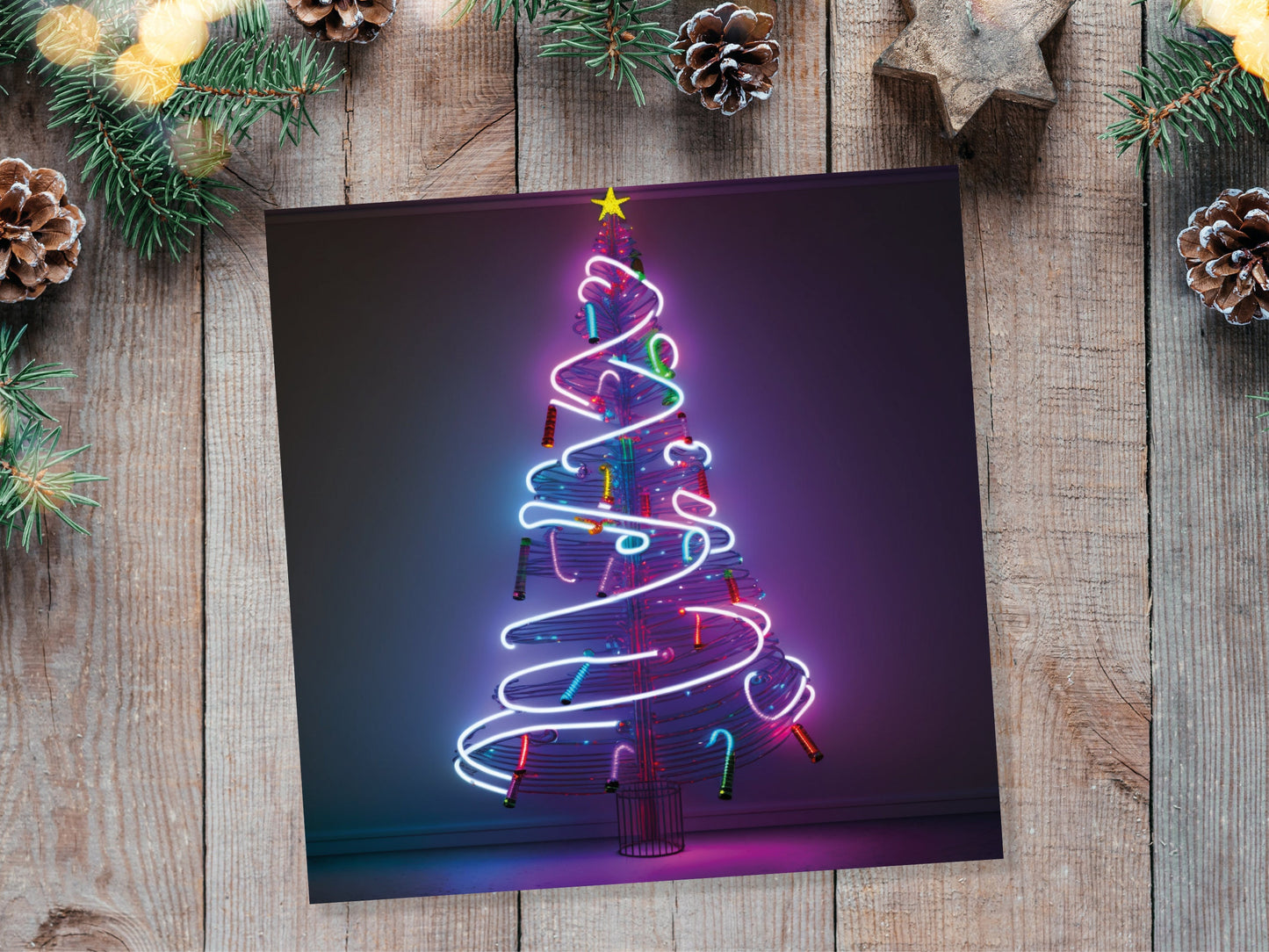 Neon Christmas Card Tree 80s Glowing Lights Tube Lighting Y2K Bright Colours Colourful Pink Purple Modern Cards For Family Friends Xmas 2023