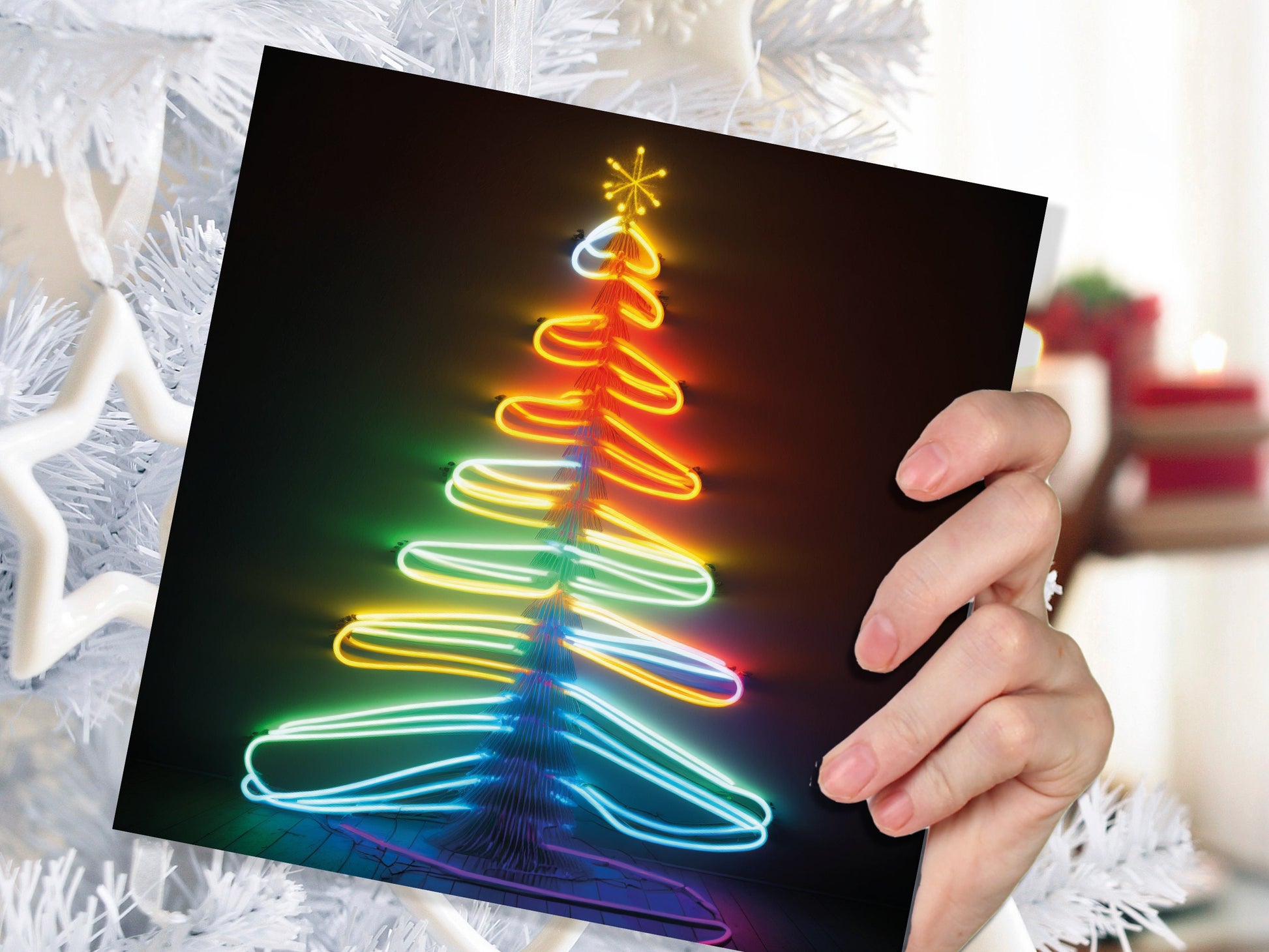 Neon Christmas Card Glowing Tree Lights Tube Lighting Y2K 80s Bright Colours Colourful Colours Unique Fun Cards For Family Friends Xmas 2023