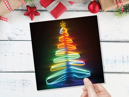 Neon Christmas Card Glowing Tree Lights Tube Lighting Y2K 80s Bright Colours Colourful Colours Unique Fun Cards For Family Friends Xmas 2023