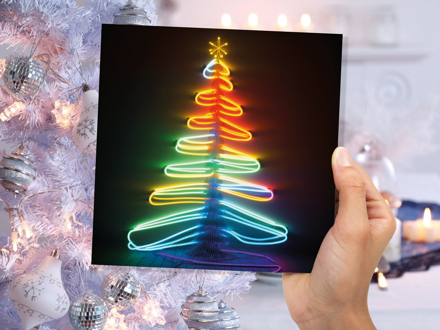 Neon Christmas Card Glowing Tree Lights Tube Lighting Y2K 80s Bright Colours Colourful Colours Unique Fun Cards For Family Friends Xmas 2023