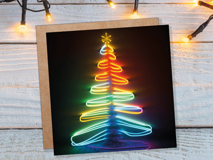 Neon Christmas Card Glowing Tree Lights Tube Lighting Y2K 80s Bright Colours Colourful Colours Unique Fun Cards For Family Friends Xmas 2023