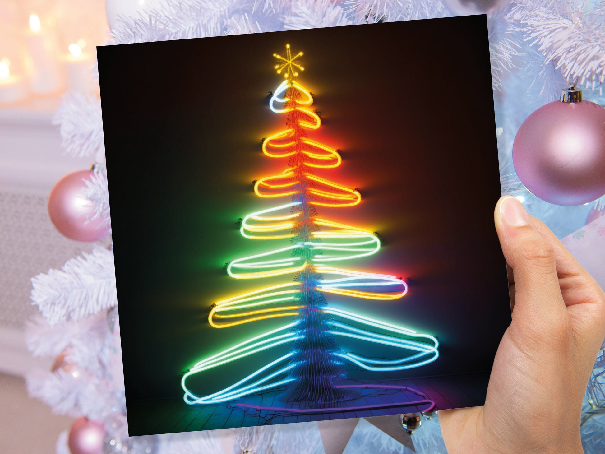 Neon Christmas Card Glowing Tree Lights Tube Lighting Y2K 80s Bright Colours Colourful Colours Unique Fun Cards For Family Friends Xmas 2023