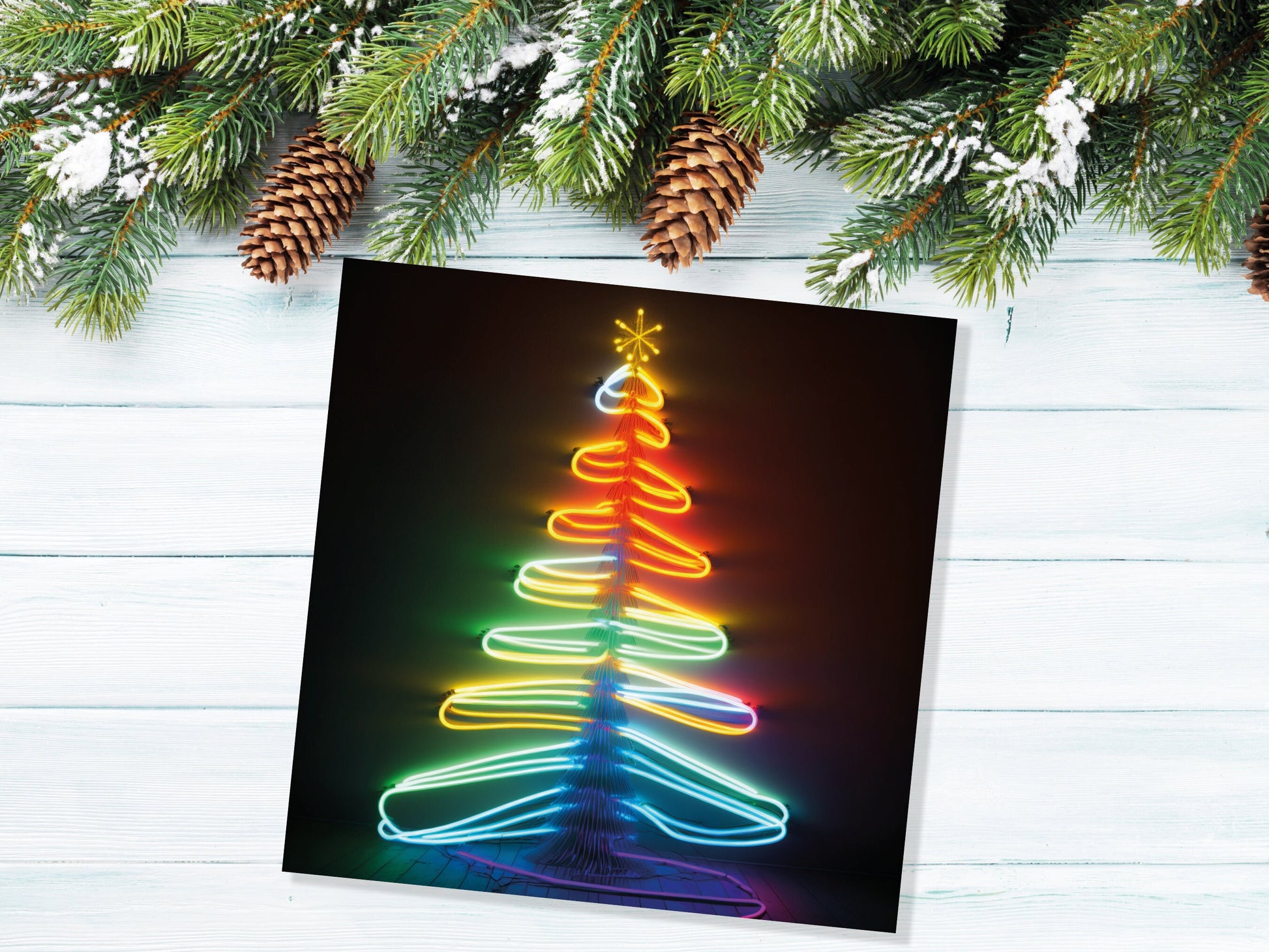 Neon Christmas Card Glowing Tree Lights Tube Lighting Y2K 80s Bright Colours Colourful Colours Unique Fun Cards For Family Friends Xmas 2023