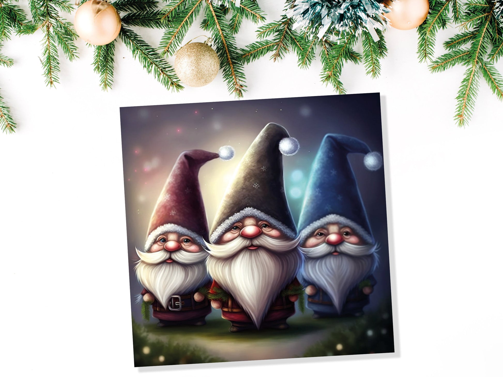 Gnomes Card Cute Little Dwarves with Festive Hats and Beards Festive Glowing Magical Gnome Elf Cards For Family Friends Birthdays Thank You