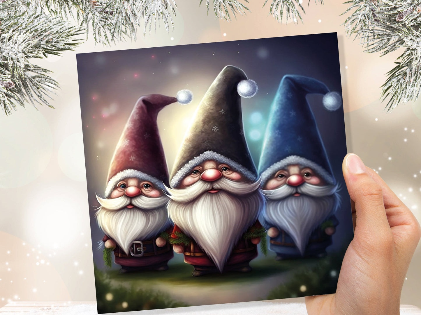 Gnomes Card Cute Little Dwarves with Festive Hats and Beards Festive Glowing Magical Gnome Elf Cards For Family Friends Birthdays Thank You