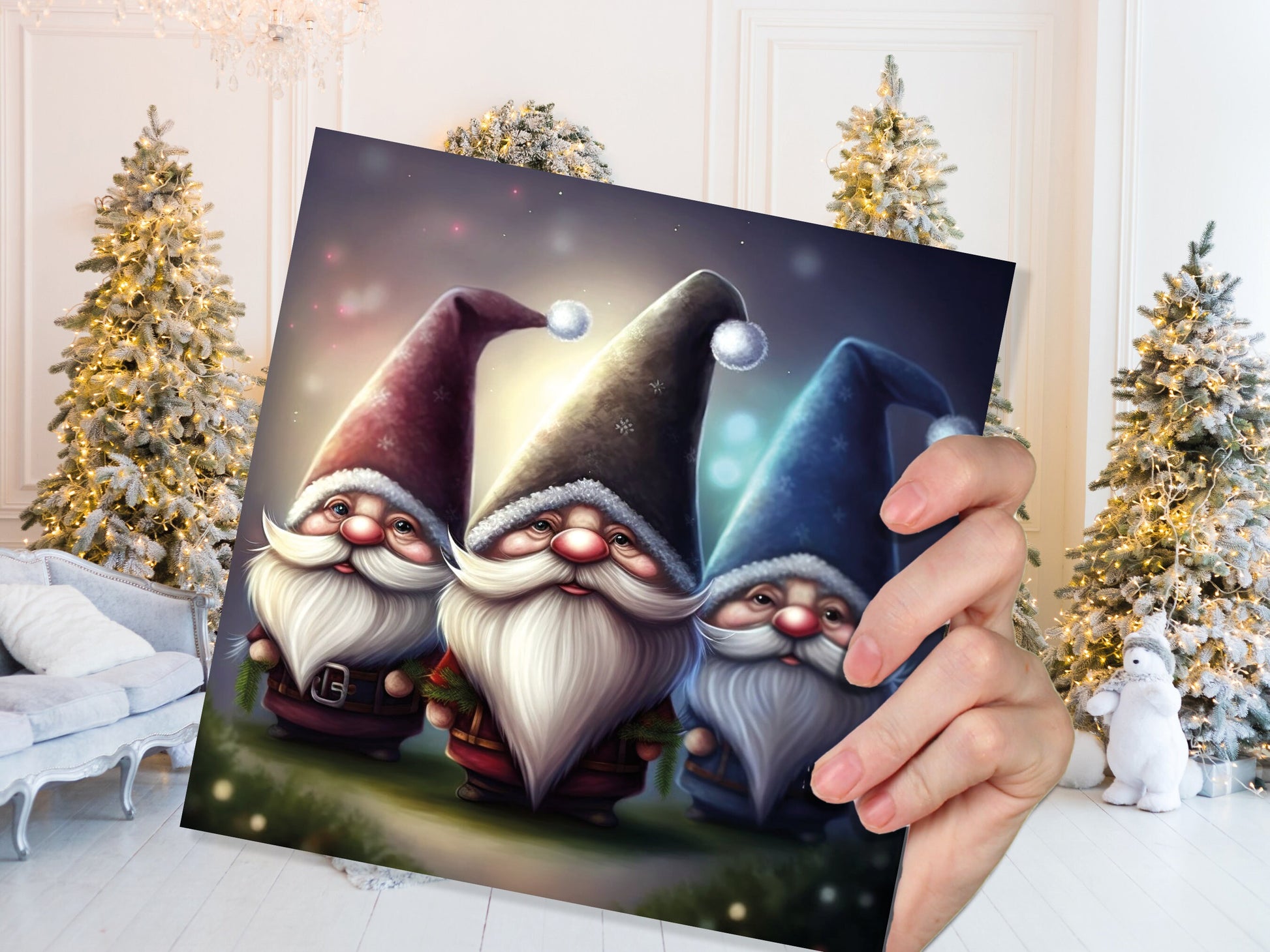 Gnomes Card Cute Little Dwarves with Festive Hats and Beards Festive Glowing Magical Gnome Elf Cards For Family Friends Birthdays Thank You