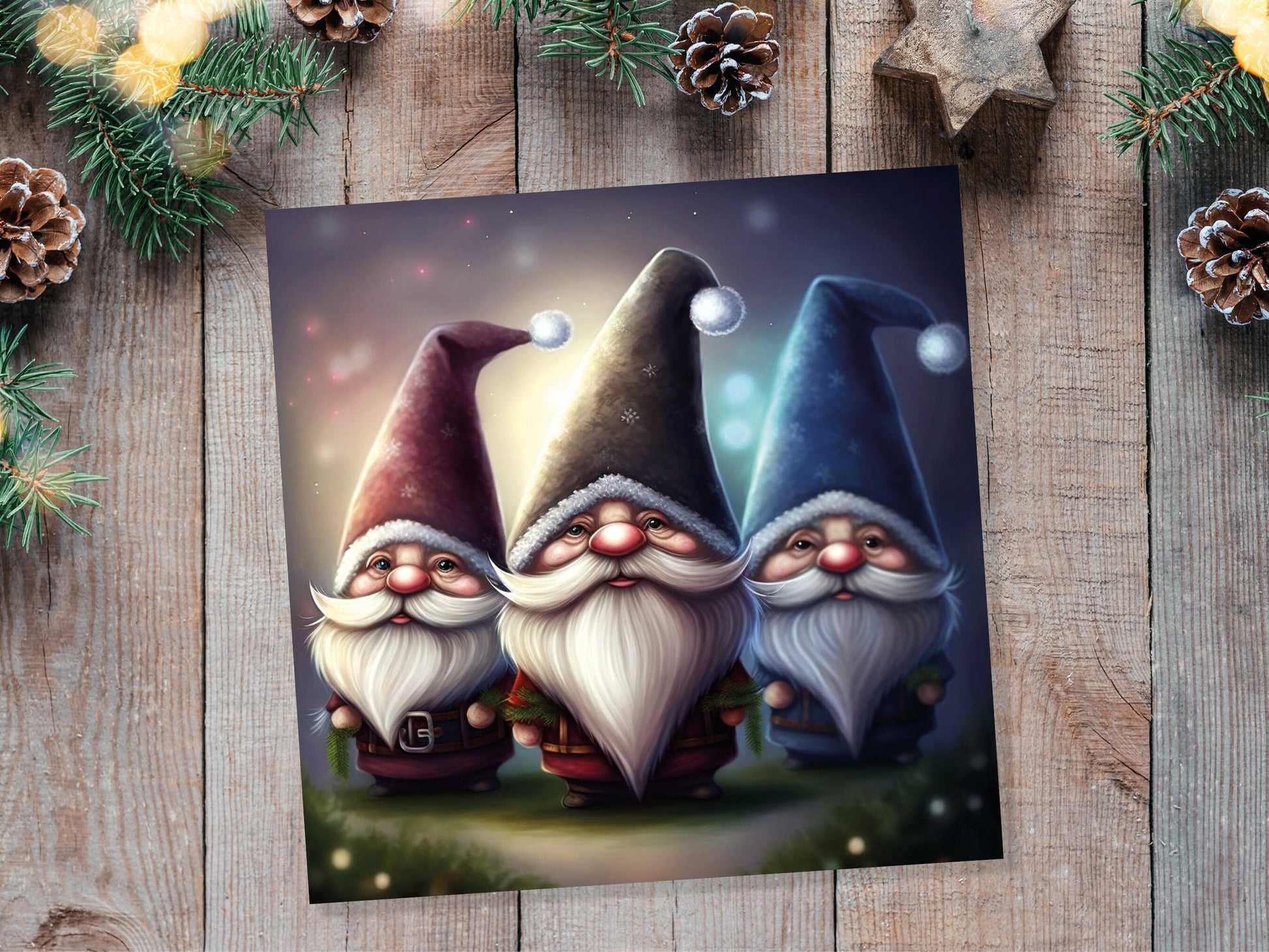 Gnomes Card Cute Little Dwarves with Festive Hats and Beards Festive Glowing Magical Gnome Elf Cards For Family Friends Birthdays Thank You