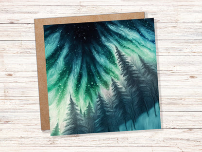 Northern Lights Card Winter Woods Snow Scene Snowy Scenery Green Blue Aurora Borealis Flames Cards For Family Friends Birthdays Thank you