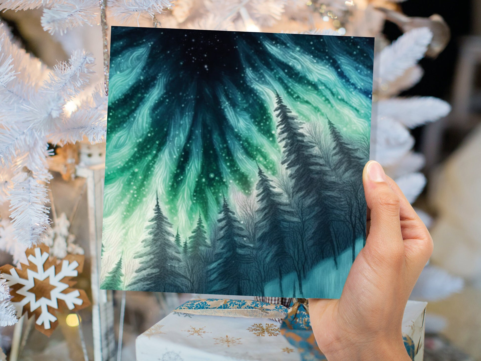 Northern Lights Card Winter Woods Snow Scene Snowy Scenery Green Blue Aurora Borealis Flames Cards For Family Friends Birthdays Thank you