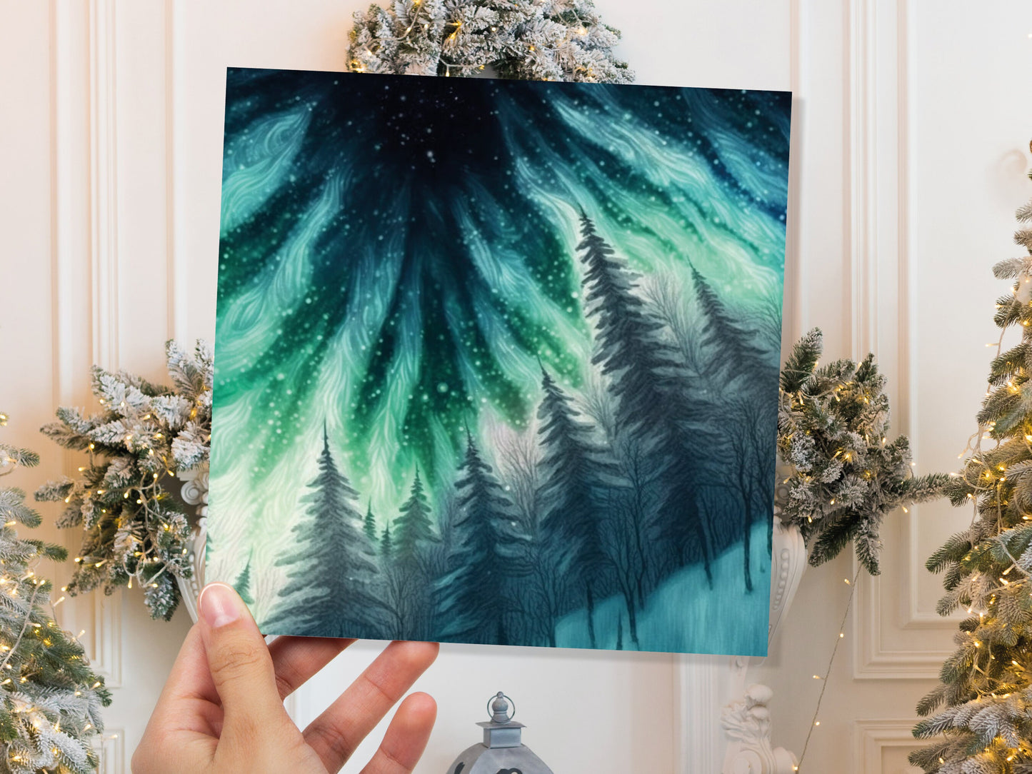 Northern Lights Card Winter Woods Snow Scene Snowy Scenery Green Blue Aurora Borealis Flames Cards For Family Friends Birthdays Thank you