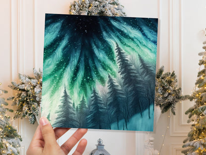 Northern Lights Card Winter Woods Snow Scene Snowy Scenery Green Blue Aurora Borealis Flames Cards For Family Friends Birthdays Thank you