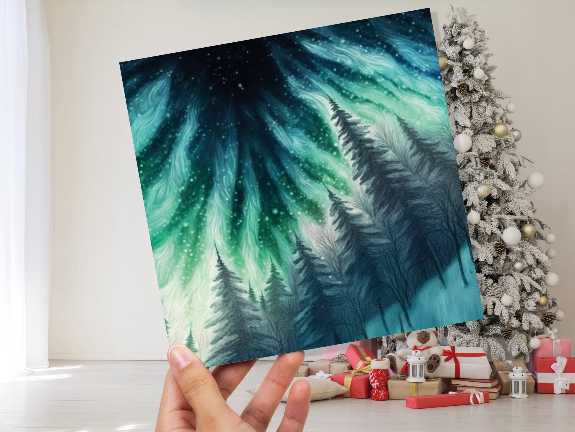 Northern Lights Card Winter Woods Snow Scene Snowy Scenery Green Blue Aurora Borealis Flames Cards For Family Friends Birthdays Thank you