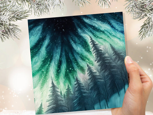 Northern Lights Card Winter Woods Snow Scene Snowy Scenery Green Blue Aurora Borealis Flames Cards For Family Friends Birthdays Thank you