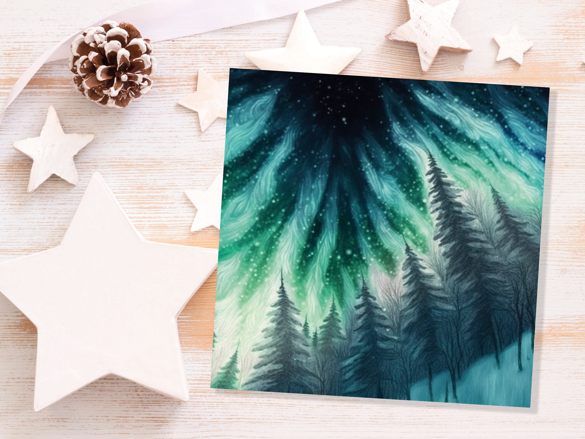 Northern Lights Card Winter Woods Snow Scene Snowy Scenery Green Blue Aurora Borealis Flames Cards For Family Friends Birthdays Thank you