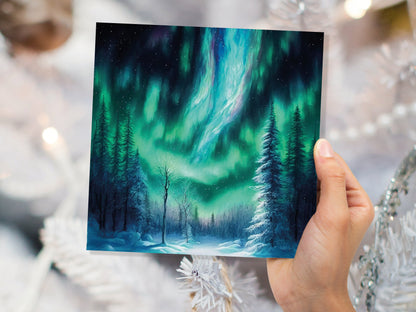 Aurora Borealis Card Winter Night Snow Scene Snowy Scenery Green Blue Northern Lights Fir Trees Cards For Family Friends Birthdays Thank You