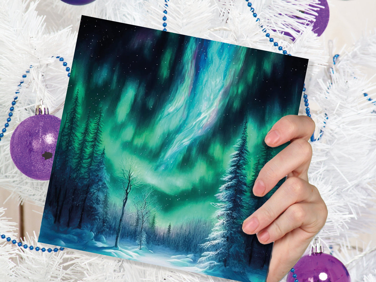 Aurora Borealis Card Winter Night Snow Scene Snowy Scenery Green Blue Northern Lights Fir Trees Cards For Family Friends Birthdays Thank You