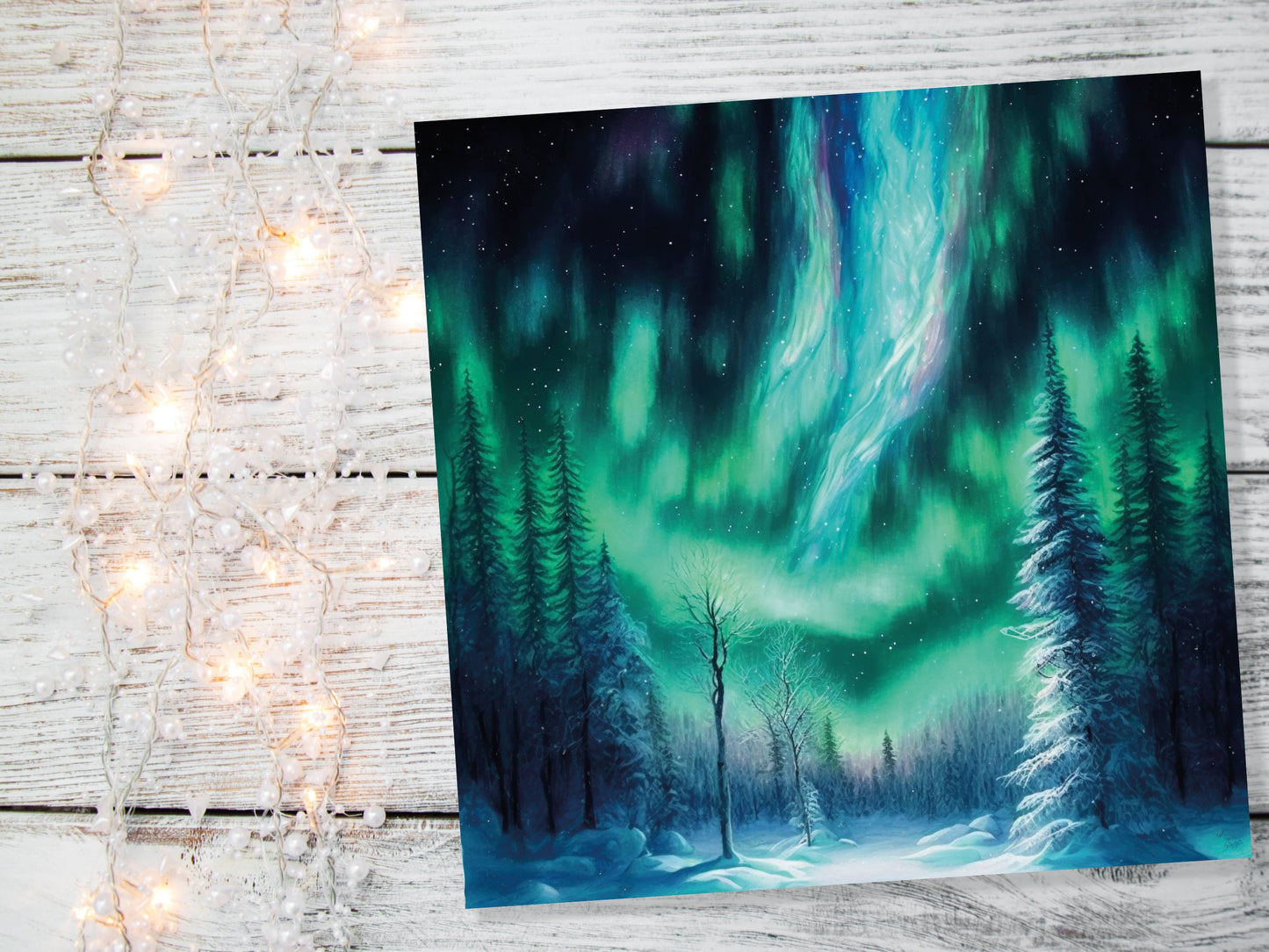 Aurora Borealis Card Winter Night Snow Scene Snowy Scenery Green Blue Northern Lights Fir Trees Cards For Family Friends Birthdays Thank You