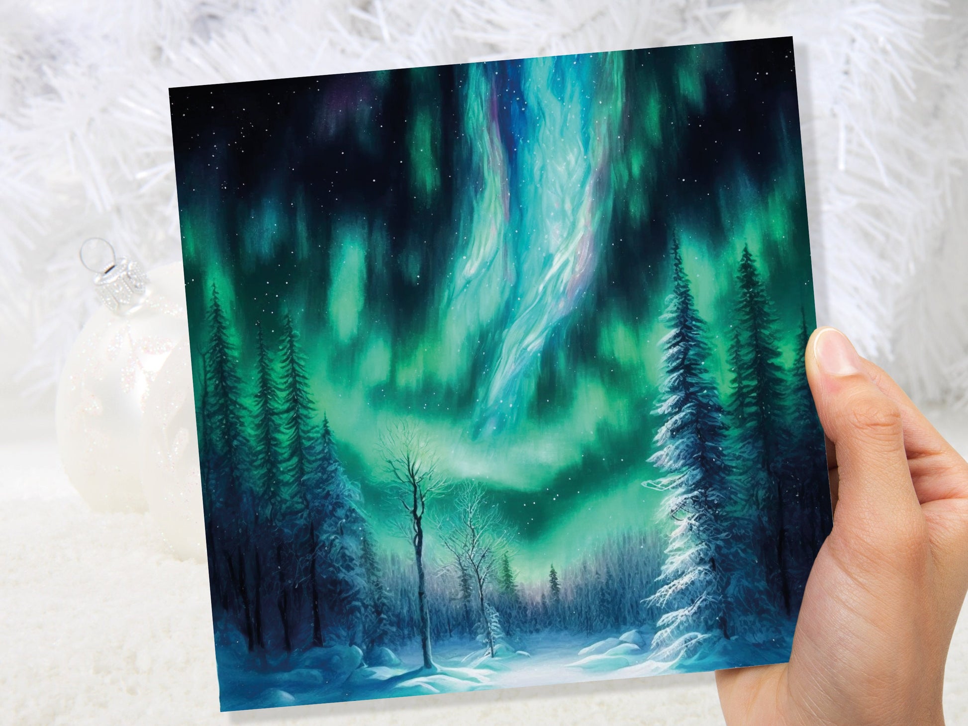 Aurora Borealis Card Winter Night Snow Scene Snowy Scenery Green Blue Northern Lights Fir Trees Cards For Family Friends Birthdays Thank You