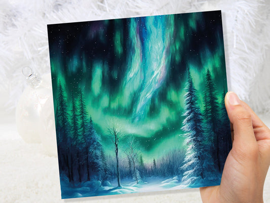 Aurora Borealis Card Winter Night Snow Scene Snowy Scenery Green Blue Northern Lights Fir Trees Cards For Family Friends Birthdays Thank You