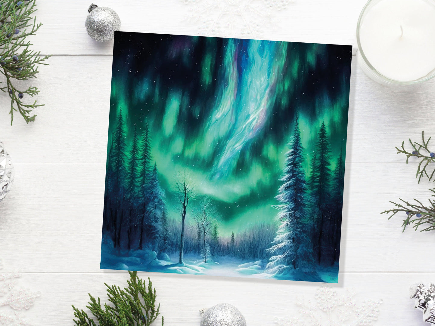 Aurora Borealis Card Winter Night Snow Scene Snowy Scenery Green Blue Northern Lights Fir Trees Cards For Family Friends Birthdays Thank You