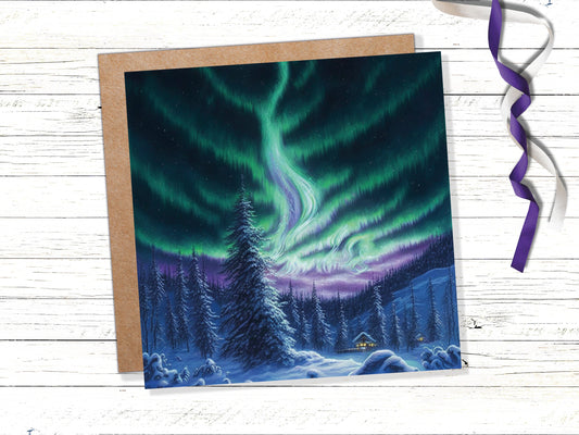 Winter Night Card Northern Lights Cabin Forest Snow Scene Green Blue Purple Aurora Borealis Cards For Family Friends Birthday Thank You Love