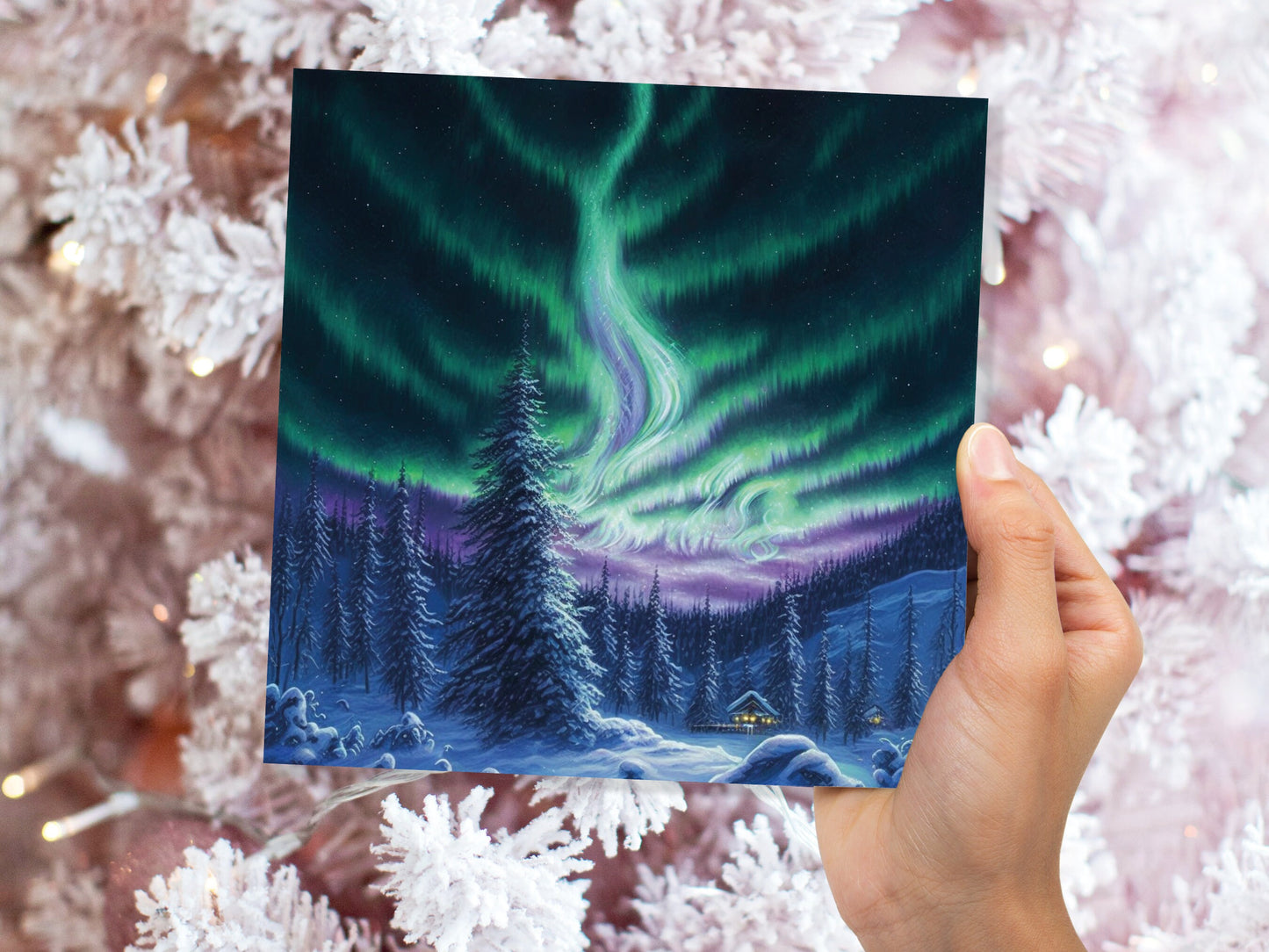 Winter Night Card Northern Lights Cabin Forest Snow Scene Green Blue Purple Aurora Borealis Cards For Family Friends Birthday Thank You Love