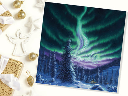 Winter Night Card Northern Lights Cabin Forest Snow Scene Green Blue Purple Aurora Borealis Cards For Family Friends Birthday Thank You Love