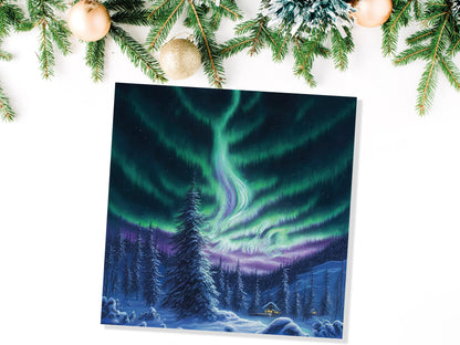 Winter Night Card Northern Lights Cabin Forest Snow Scene Green Blue Purple Aurora Borealis Cards For Family Friends Birthday Thank You Love