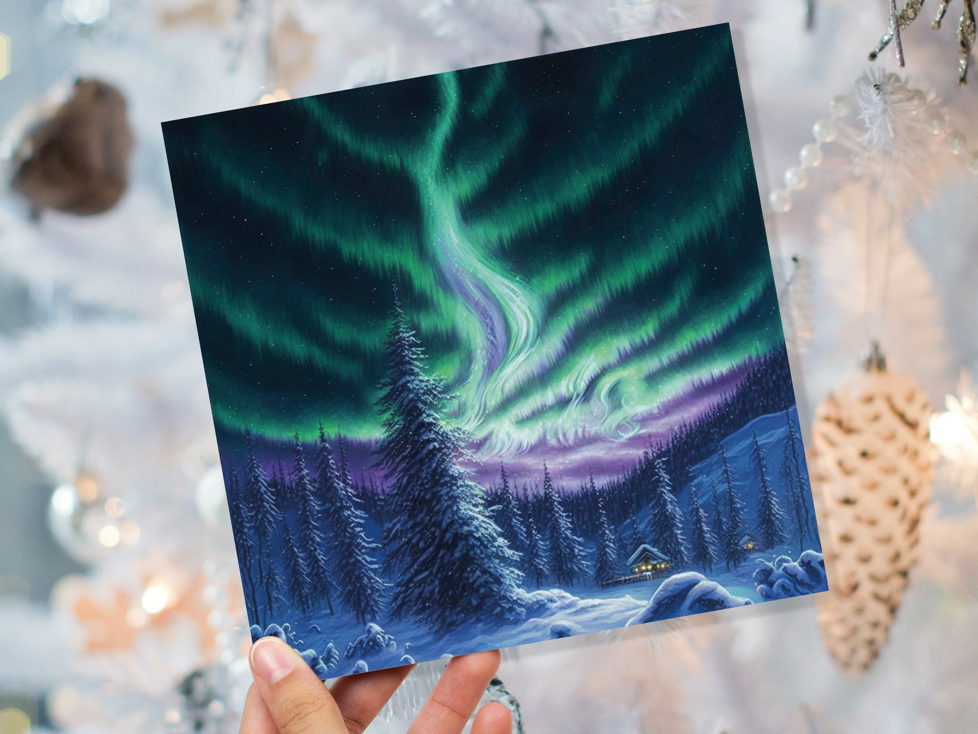 Winter Night Card Northern Lights Cabin Forest Snow Scene Green Blue Purple Aurora Borealis Cards For Family Friends Birthday Thank You Love