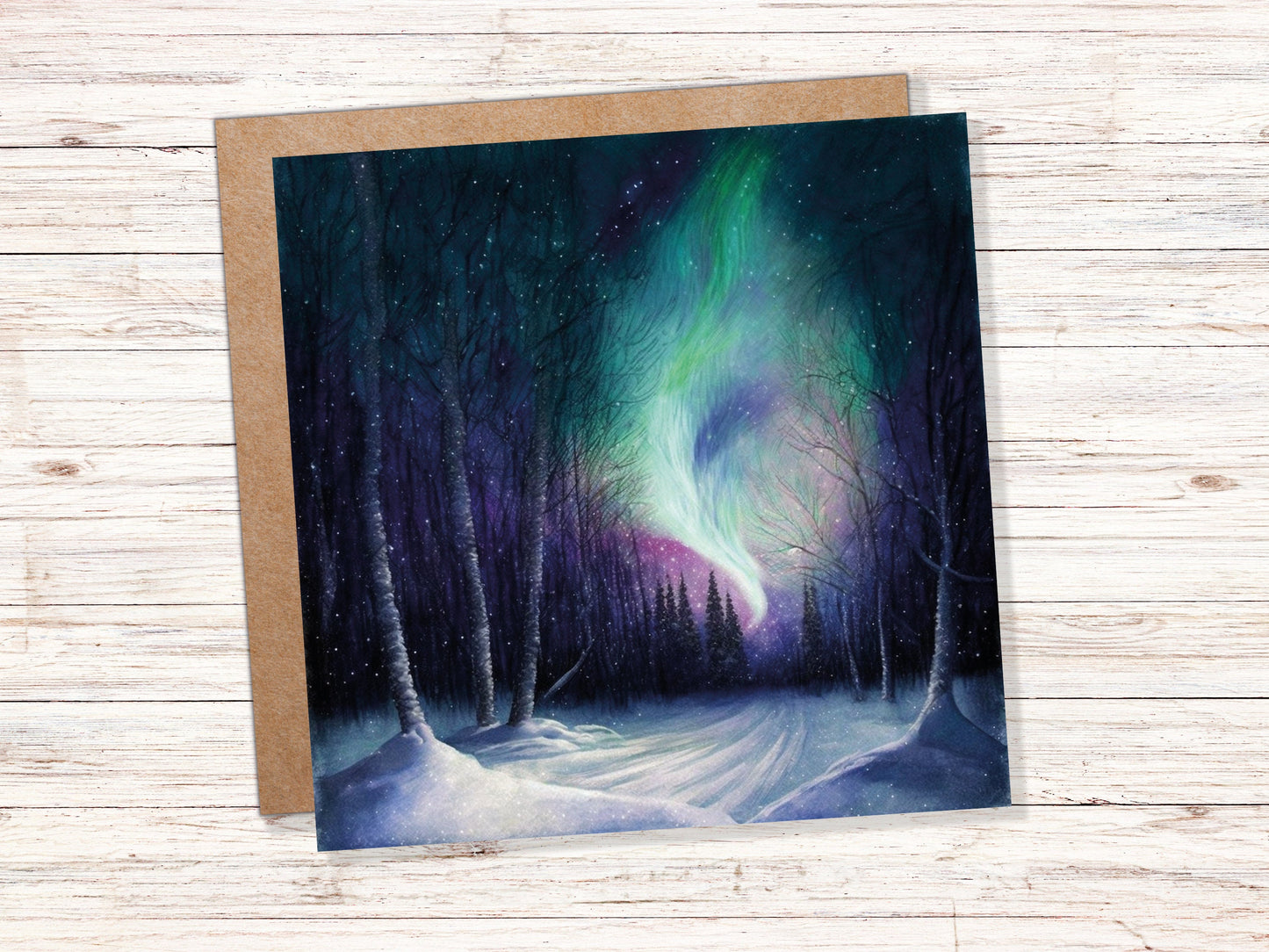 Enchanted Polar Lights Thank You Card Forest Snow Scene Green Purple Aurora Borealis Northern Light Swirl For Family Friends Birthdays Card