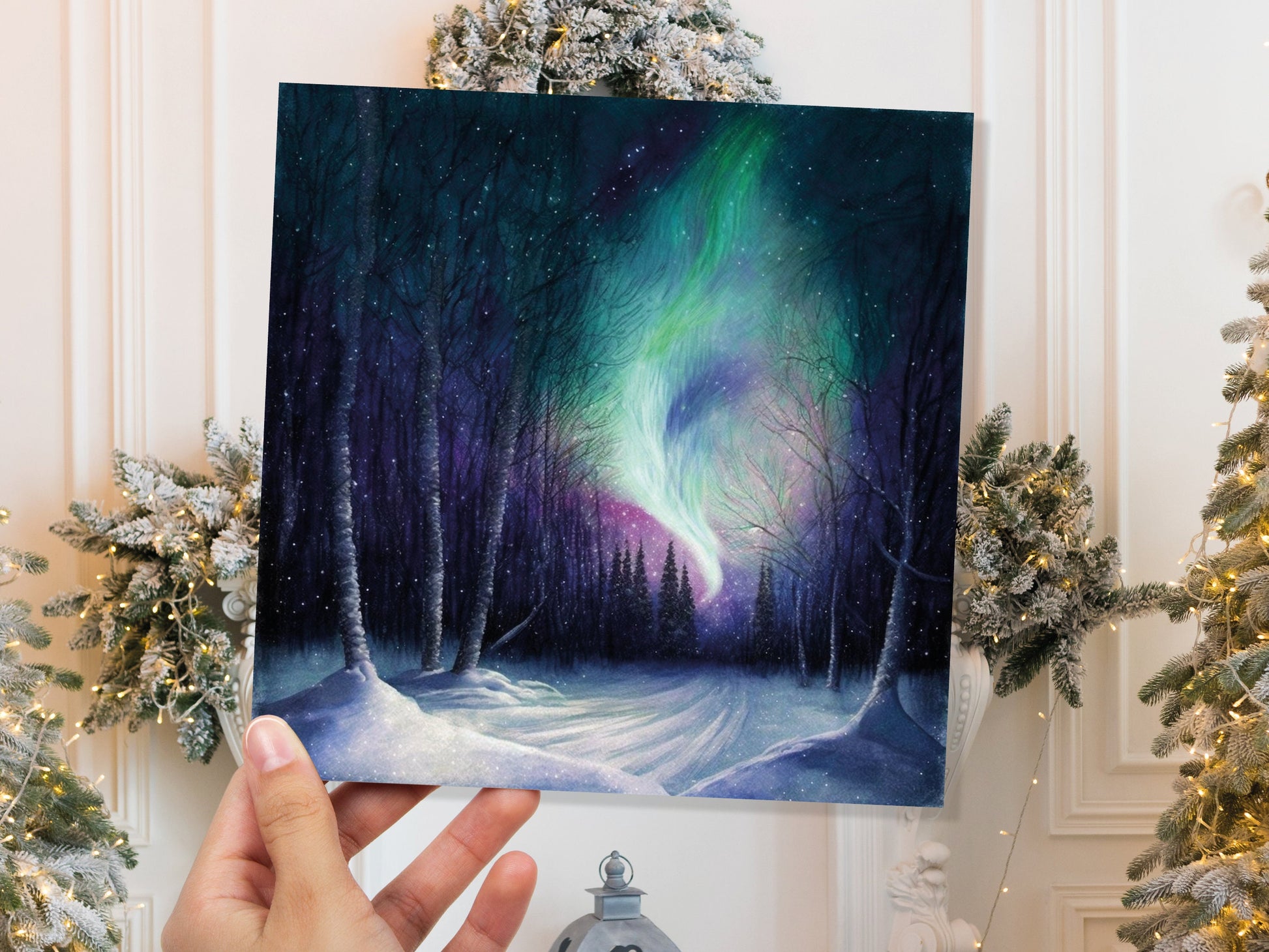 Enchanted Polar Lights Thank You Card Forest Snow Scene Green Purple Aurora Borealis Northern Light Swirl For Family Friends Birthdays Card