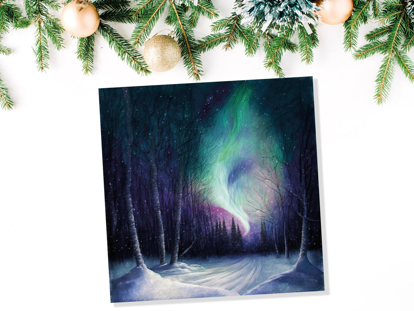 Enchanted Polar Lights Thank You Card Forest Snow Scene Green Purple Aurora Borealis Northern Light Swirl For Family Friends Birthdays Card