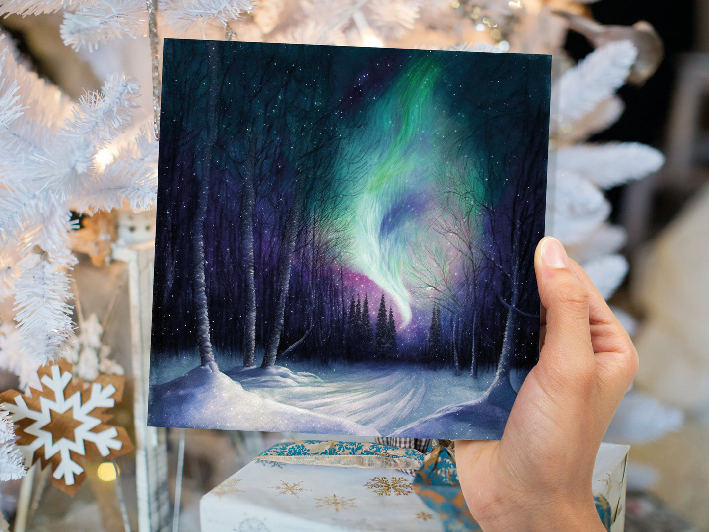 Enchanted Polar Lights Thank You Card Forest Snow Scene Green Purple Aurora Borealis Northern Light Swirl For Family Friends Birthdays Card