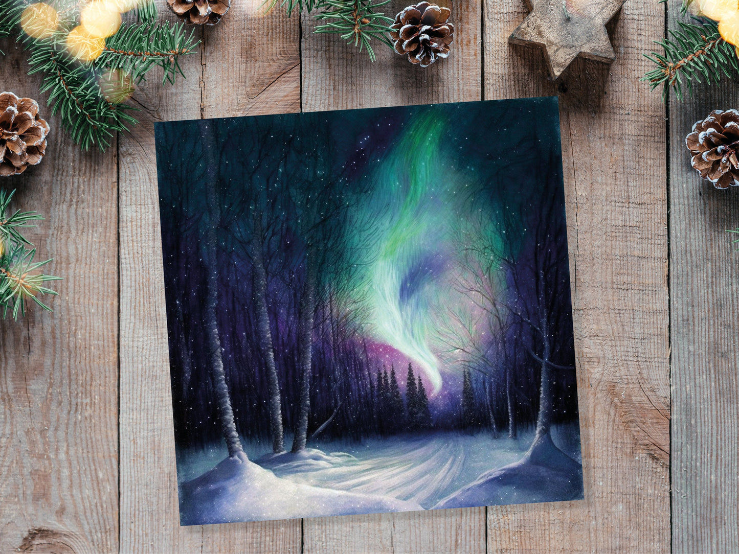 Enchanted Polar Lights Thank You Card Forest Snow Scene Green Purple Aurora Borealis Northern Light Swirl For Family Friends Birthdays Card