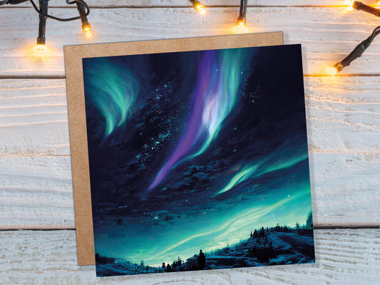 Northern Lights Card Snow Scene Green Purple Teal Aurora Borealis Polar Sky Starry Winter Night Cards For Family Friends Birthdays Thank You